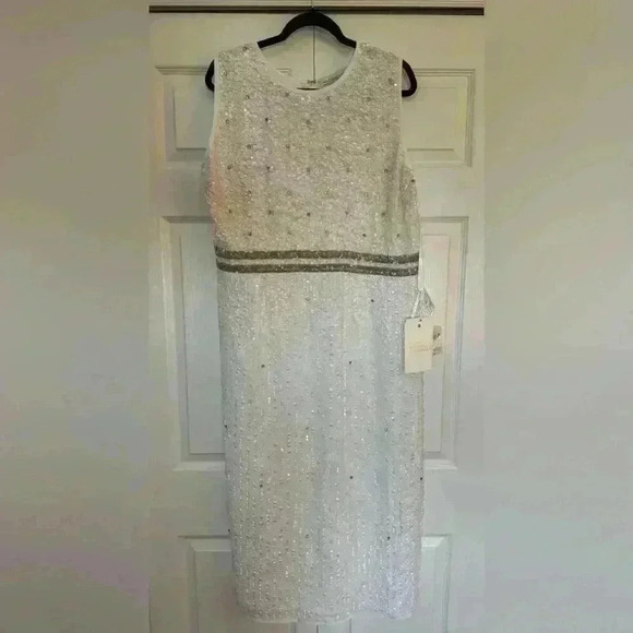 Mac Duggal Sleeveless High Neck Beaded Midi Sheath Dress White NWT Style 10509 - Picture 4 of 7